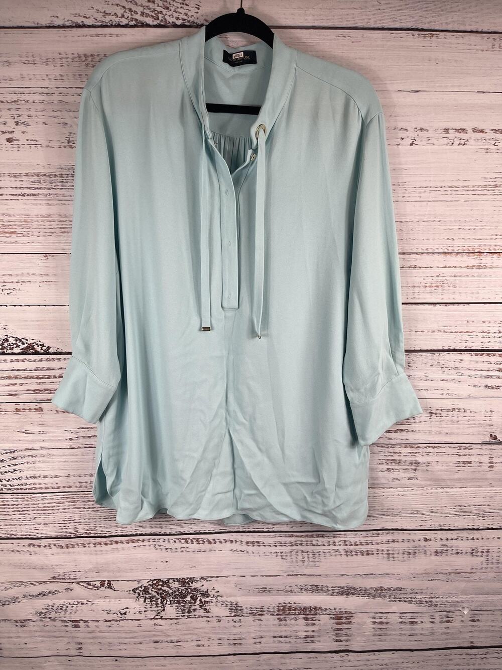 Piazza Sempione Blouse Women's SZ Extra Large Blue Tie Neck Italy 3/4 Sleeve Top